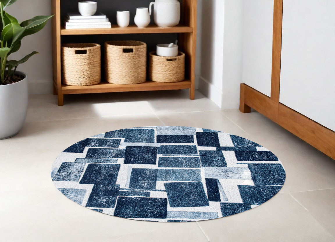 5' Blue and White Round Geometric Non Skid Area Rug