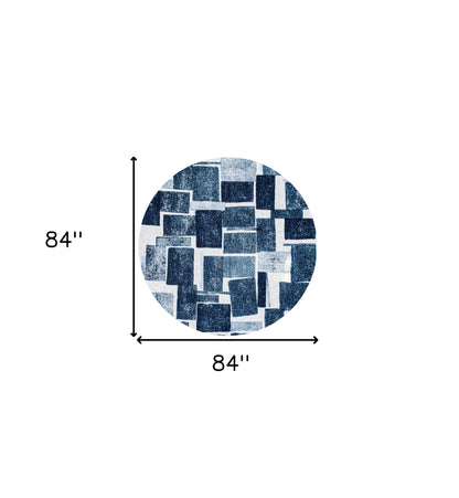 8' Blue and White Round Geometric Non Skid Area Rug