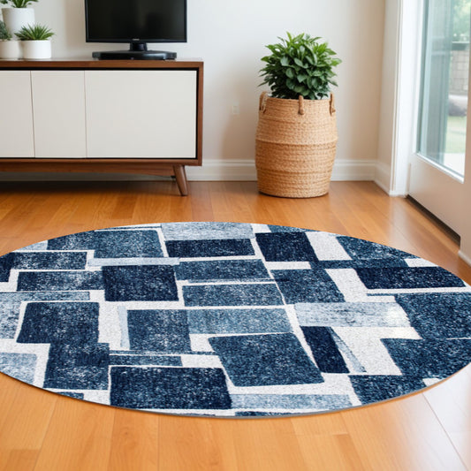 8' Blue and White Round Geometric Non Skid Area Rug