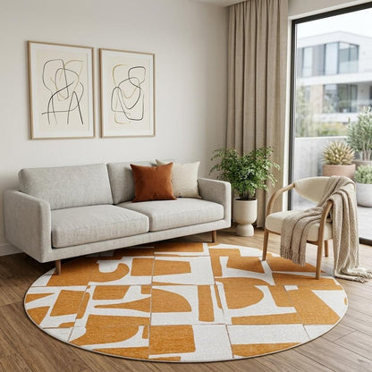 8' Yellow and White Round Geometric Non Skid Area Rug