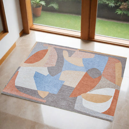 3' X 5' Blue and Gray Abstract Non Skid Area Rug