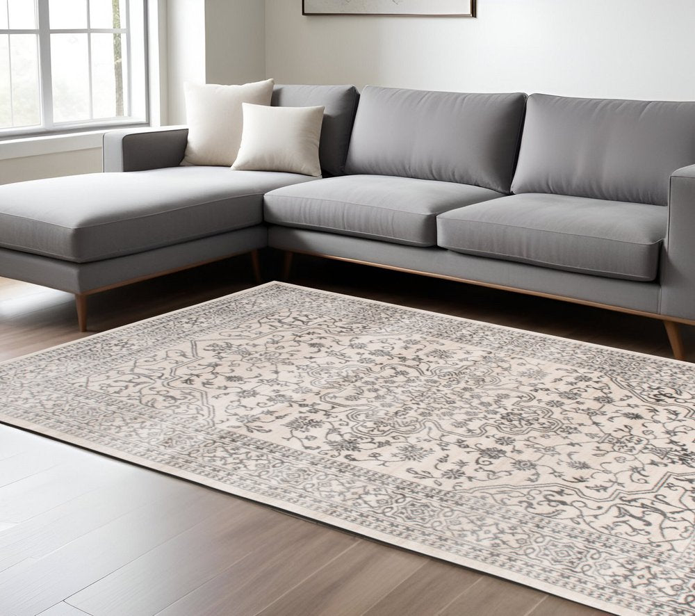 5' X 8' Ivory and Gray Oriental Area Rug