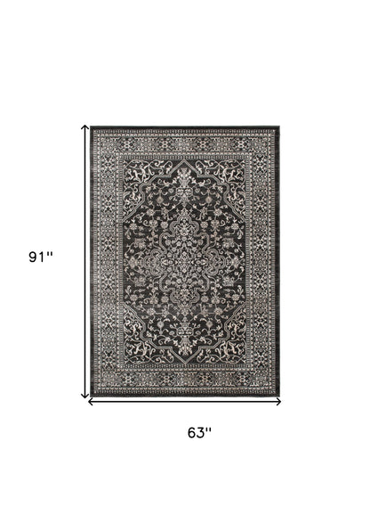 5' X 8' Black and Ivory Oriental Distressed Area Rug