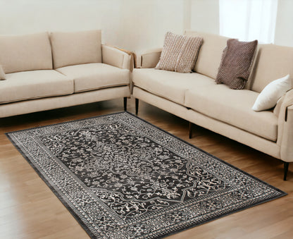 5' X 8' Black and Ivory Oriental Distressed Area Rug