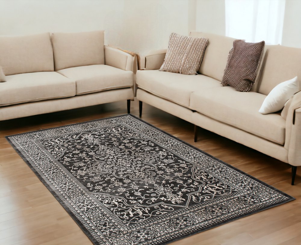 5' X 8' Ivory and Gray Oriental Area Rug