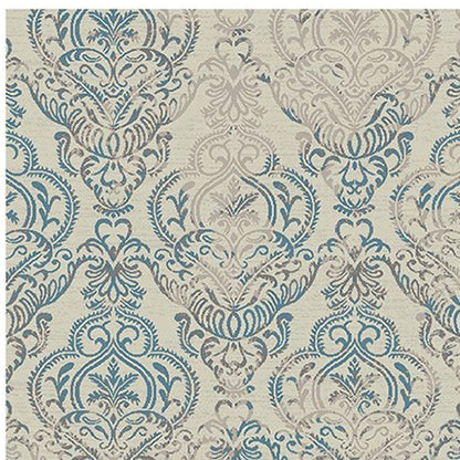5' X 8' Ivory Blue and Gray Damask Distressed Area Rug