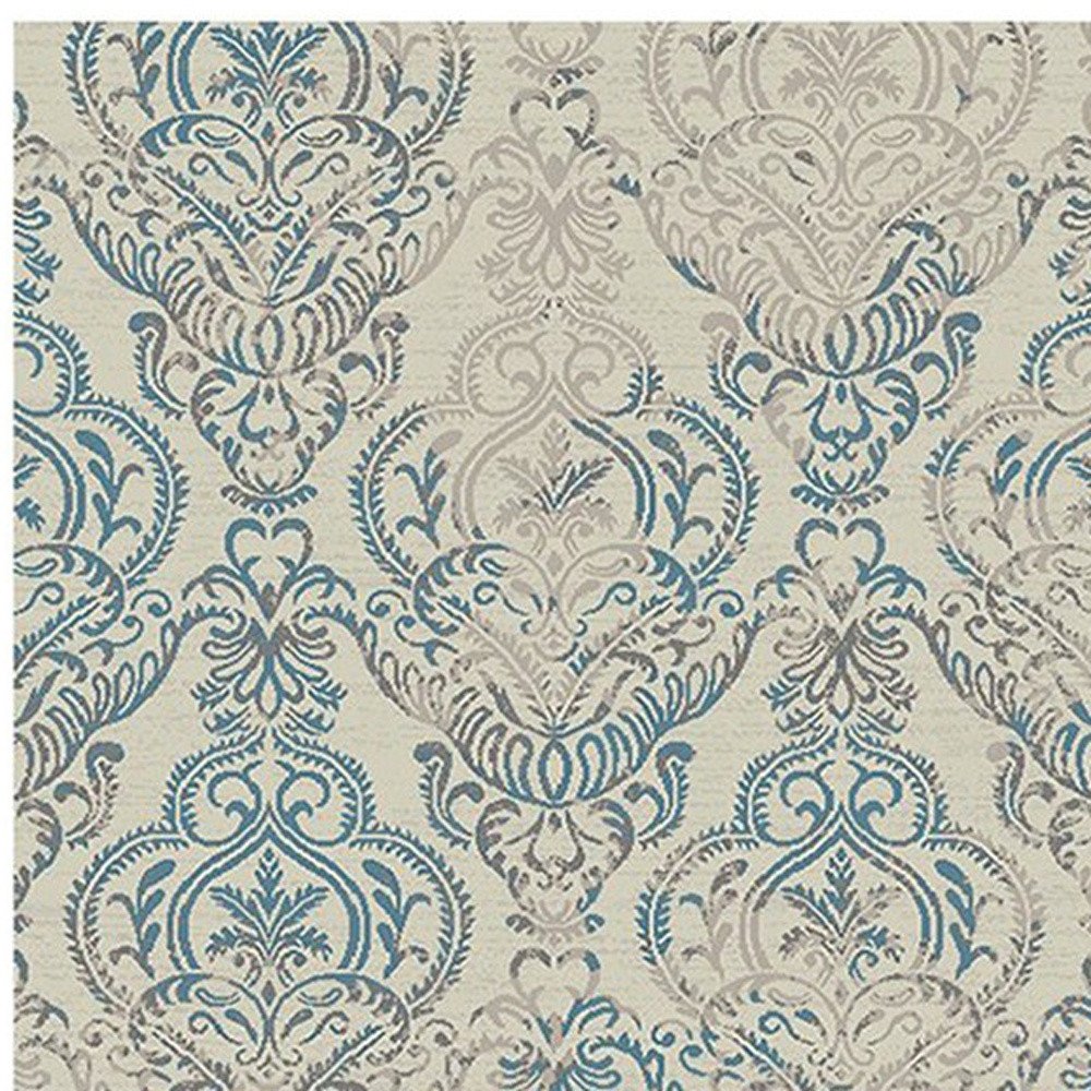 5' X 8' Ivory Blue and Gray Damask Distressed Area Rug