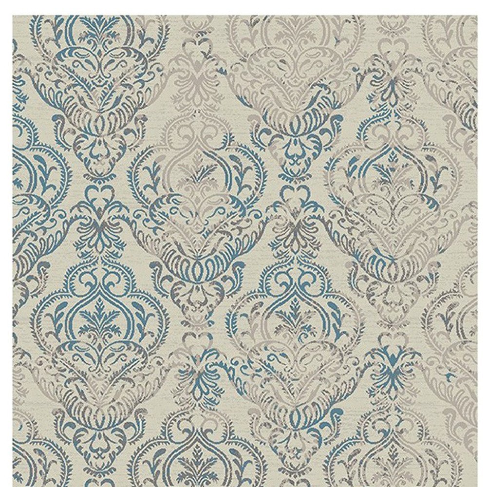 5' X 8' Ivory Blue and Gray Damask Distressed Area Rug