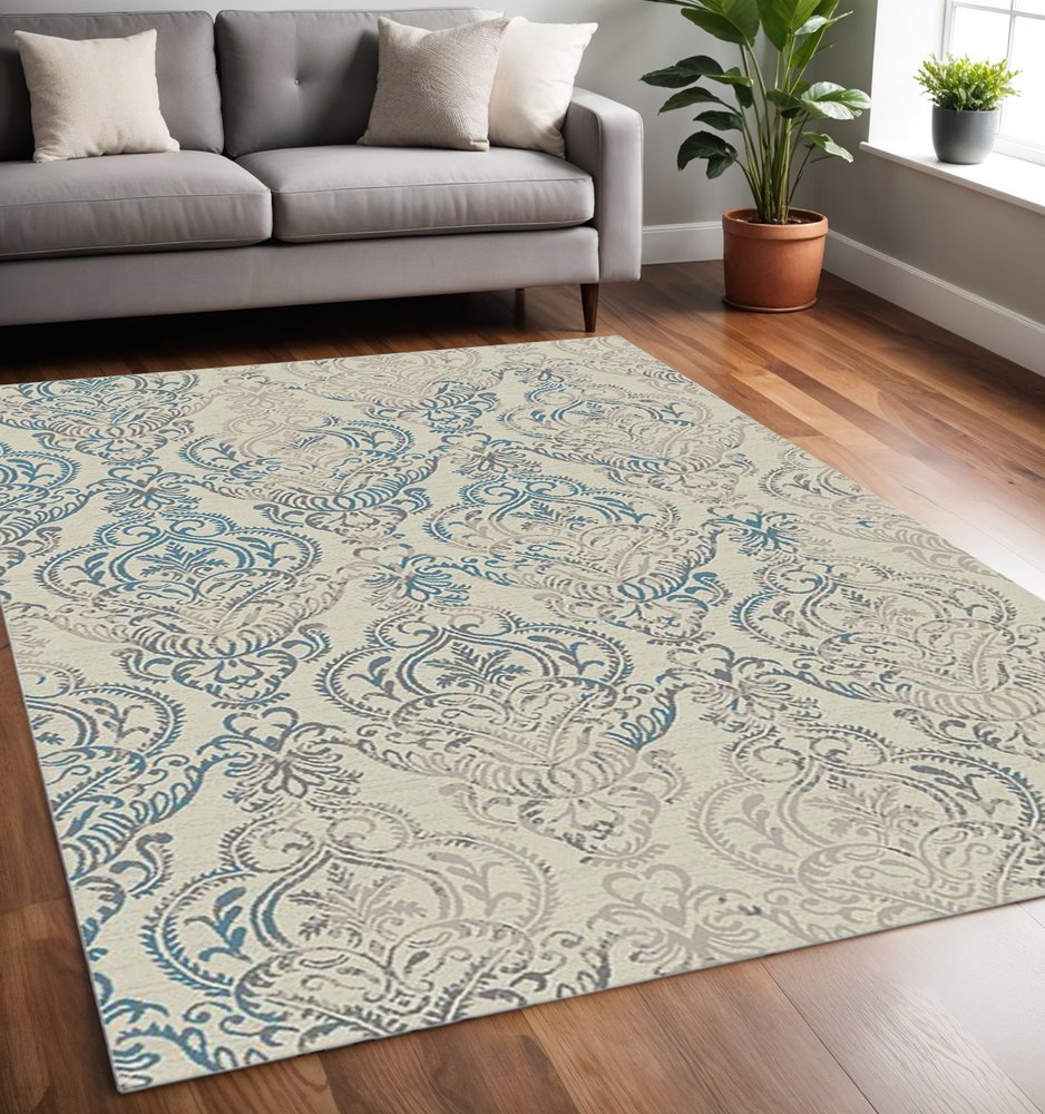 5' X 8' Ivory Blue and Gray Damask Distressed Area Rug