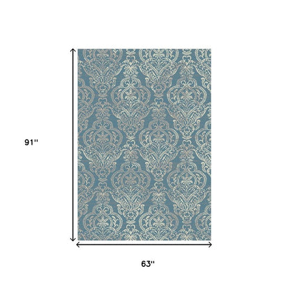 5' X 8' Ivory Blue and Gray Damask Distressed Area Rug