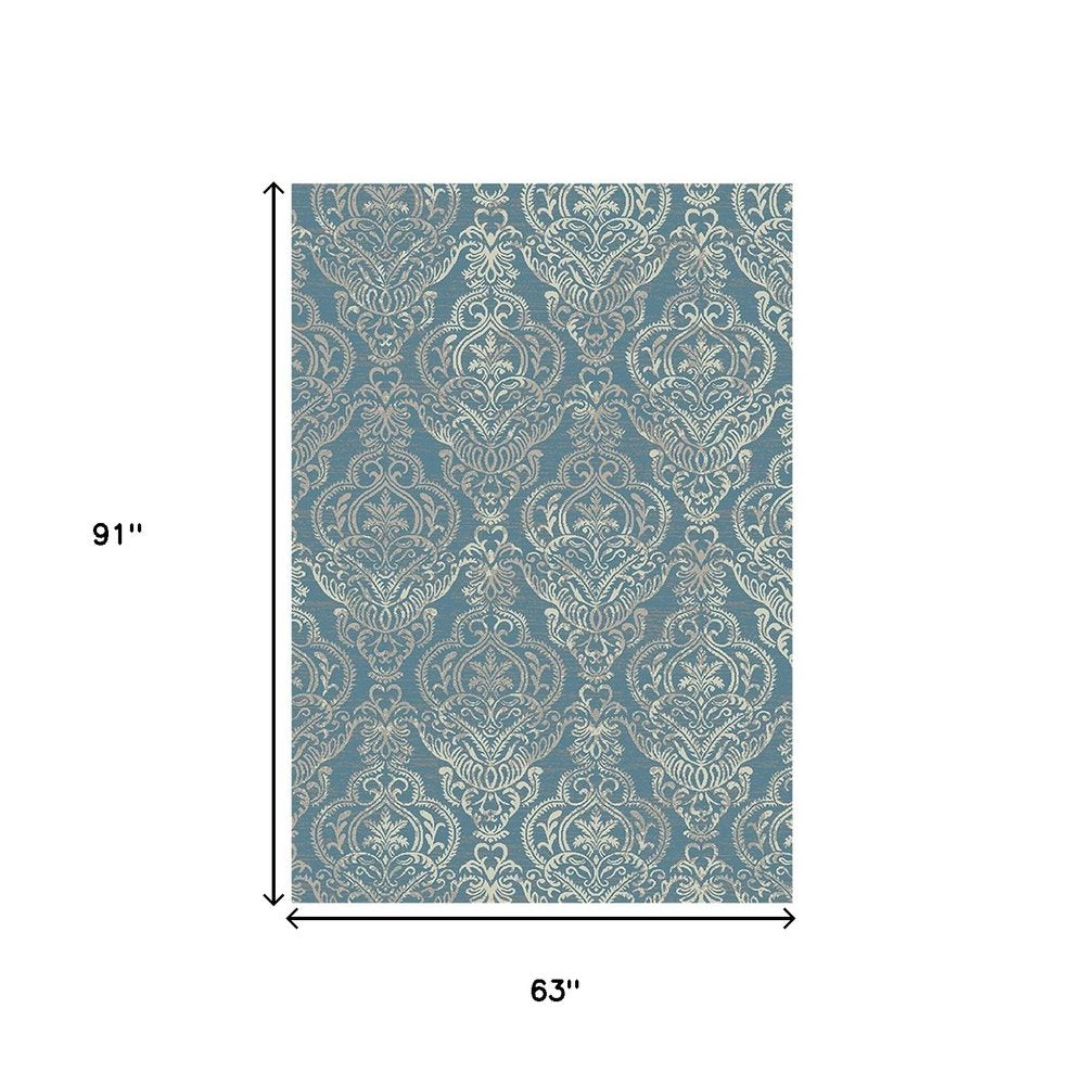 5' X 8' Ivory Blue and Gray Damask Distressed Area Rug