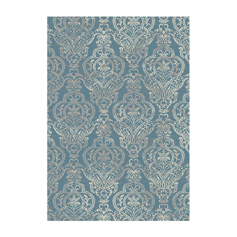 5' X 8' Ivory Blue and Gray Damask Distressed Area Rug