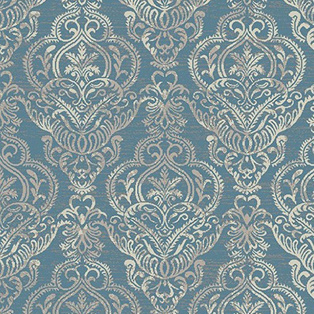 5' X 8' Ivory Blue and Gray Damask Distressed Area Rug