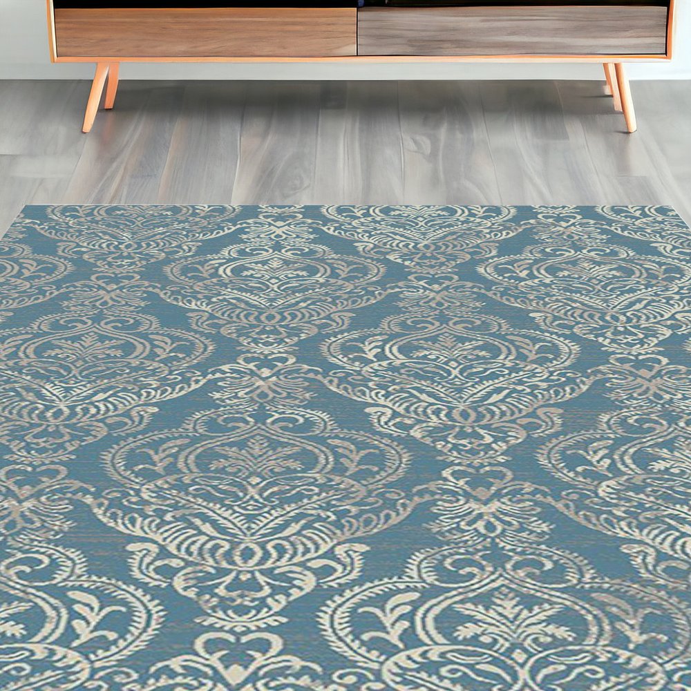 5' X 8' Ivory Blue and Gray Damask Distressed Area Rug