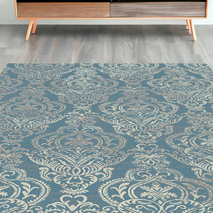 5' X 8' Ivory Blue and Gray Damask Distressed Area Rug