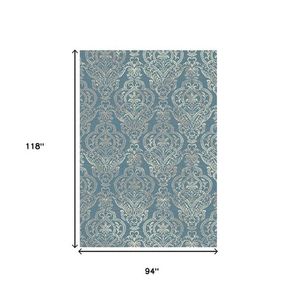 5' X 8' Ivory Blue and Gray Damask Distressed Area Rug