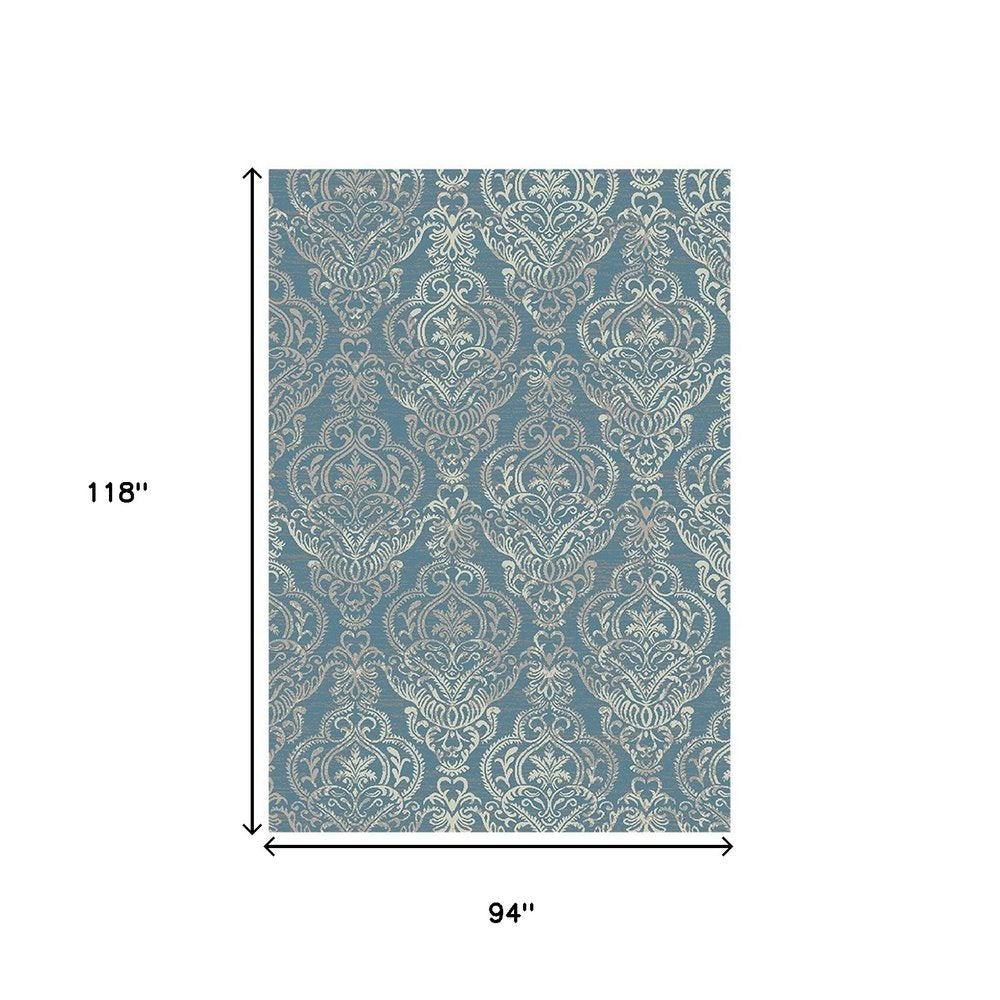 5' X 8' Ivory Blue and Gray Damask Distressed Area Rug