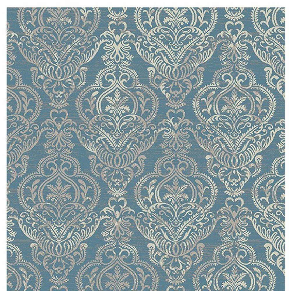 5' X 8' Ivory Blue and Gray Damask Distressed Area Rug