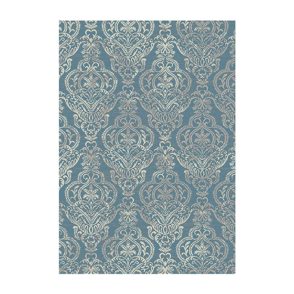 5' X 8' Ivory Blue and Gray Damask Distressed Area Rug