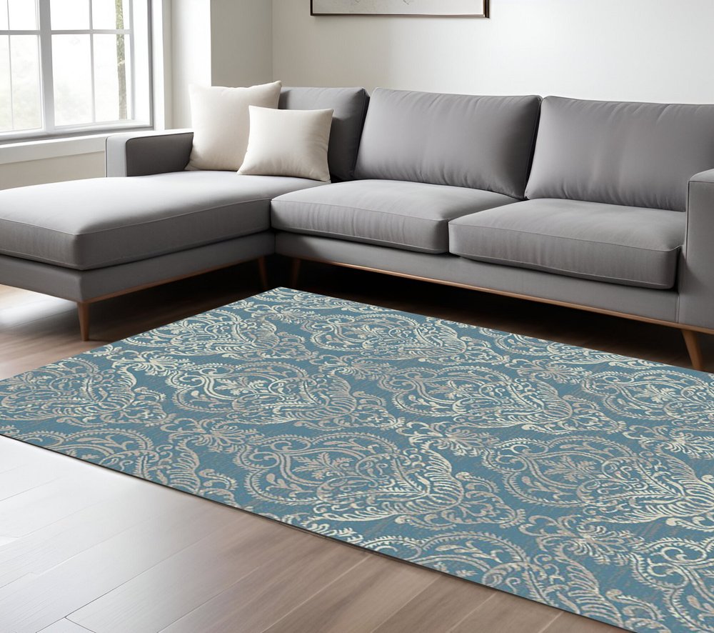 5' X 8' Ivory Blue and Gray Damask Distressed Area Rug