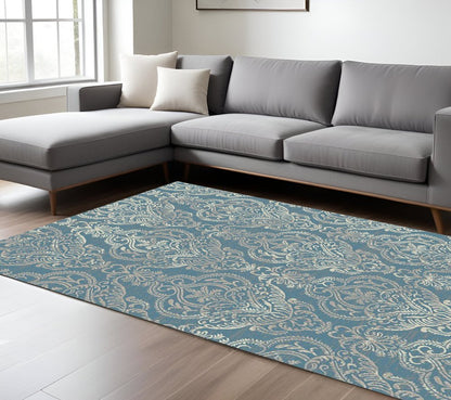 5' X 8' Ivory Blue and Gray Damask Distressed Area Rug