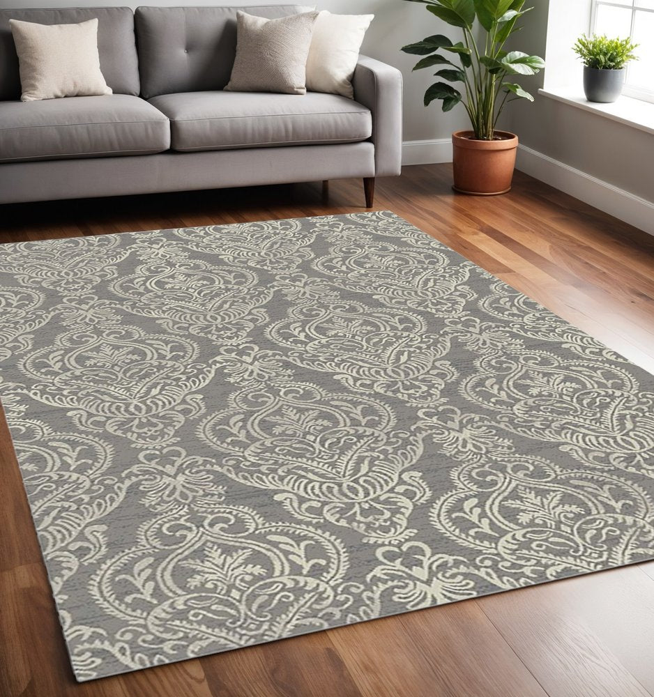 5' X 8' Ivory Blue and Gray Damask Distressed Area Rug