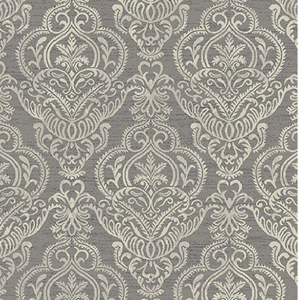 5' X 8' Ivory Blue and Gray Damask Distressed Area Rug