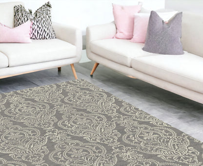 5' X 8' Ivory Blue and Gray Damask Distressed Area Rug