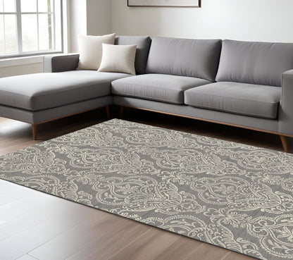 5' X 8' Ivory Blue and Gray Damask Distressed Area Rug