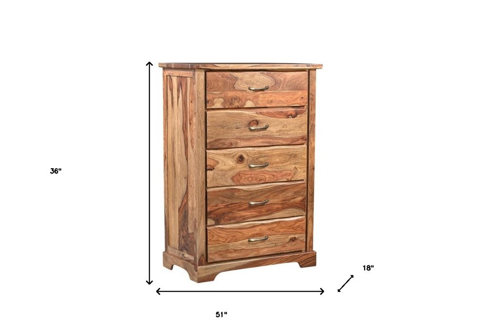 36" Brown Live Edge Solid Wood Five Drawer Dresser