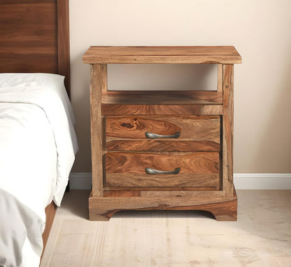 27" Brown Solid Wood Two Drawer Nightstand