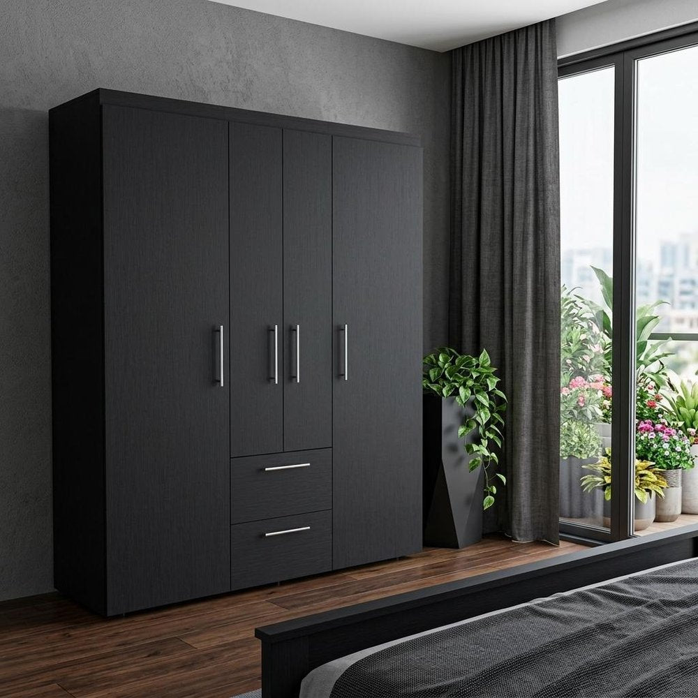 70" Black Wood Four Door Two Drawer Combo Dresser