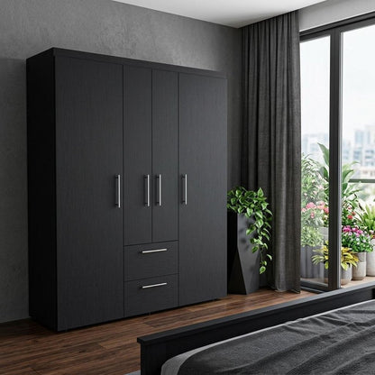 70" Black Wood Four Door Two Drawer Combo Dresser