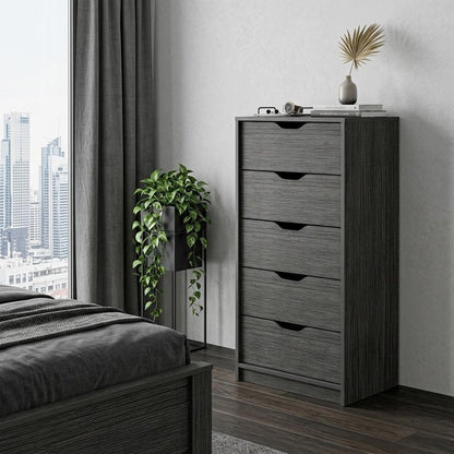 18" Gray Wood Five Drawer Dresser
