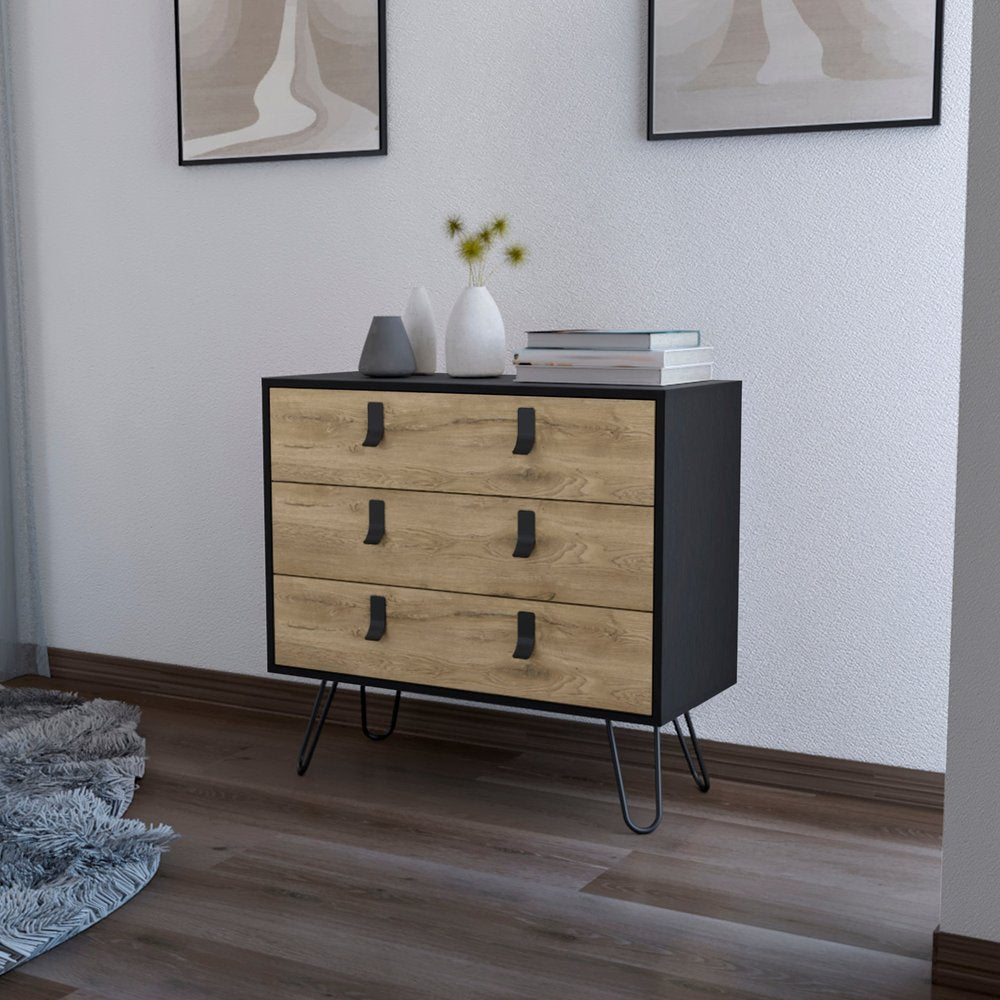 32" Natural And Black Wood Three Drawer Dresser