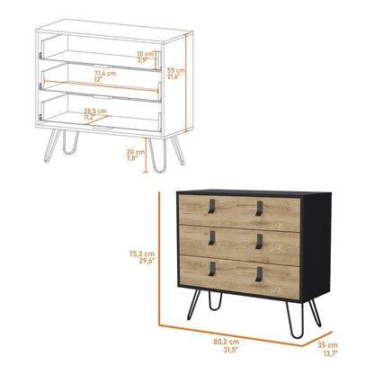 32" Natural and Black Three Drawer Dresser
