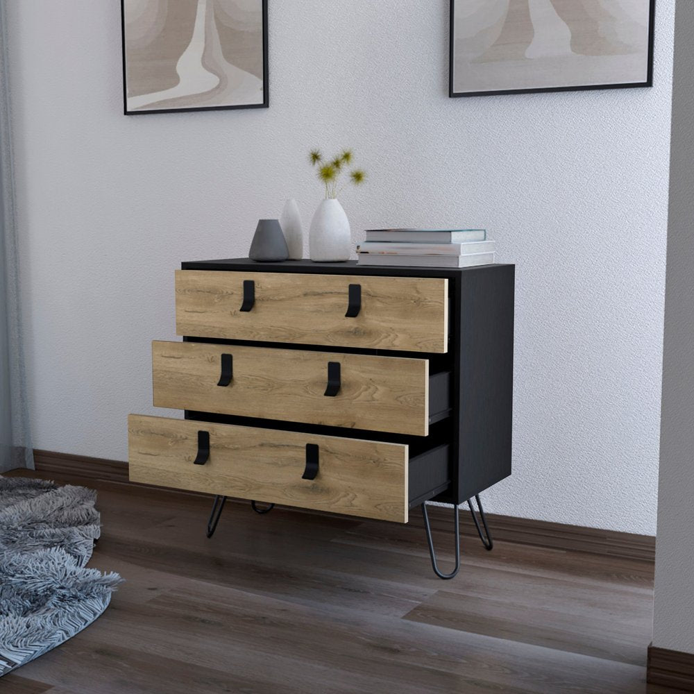 32" Natural And Black Wood Three Drawer Dresser