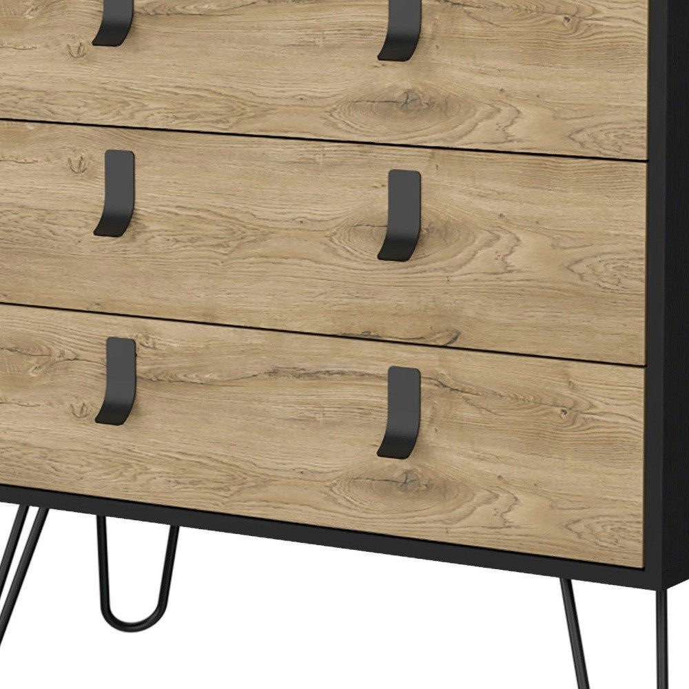 32" Natural And Black Wood Three Drawer Dresser