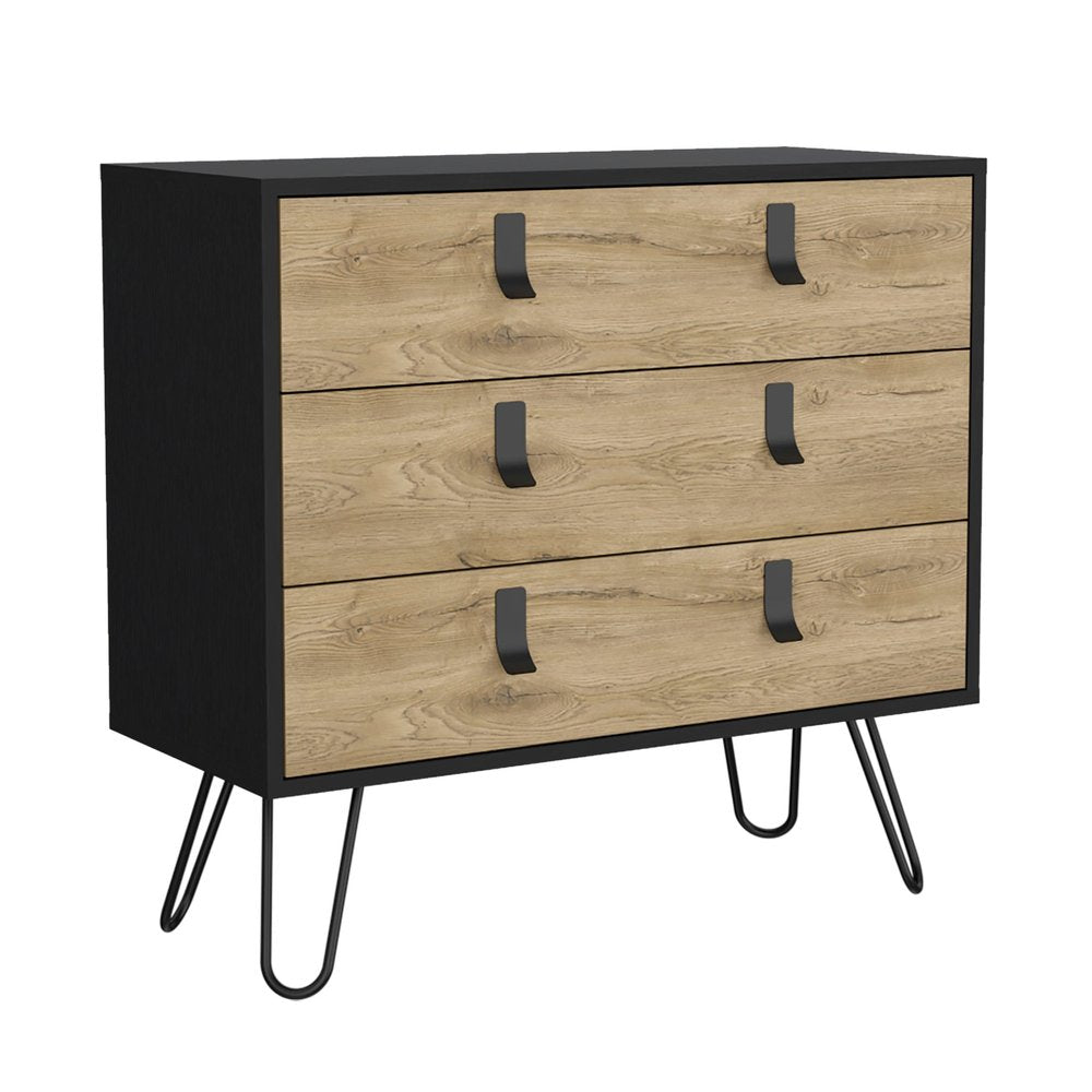 32" Natural And Black Wood Three Drawer Dresser