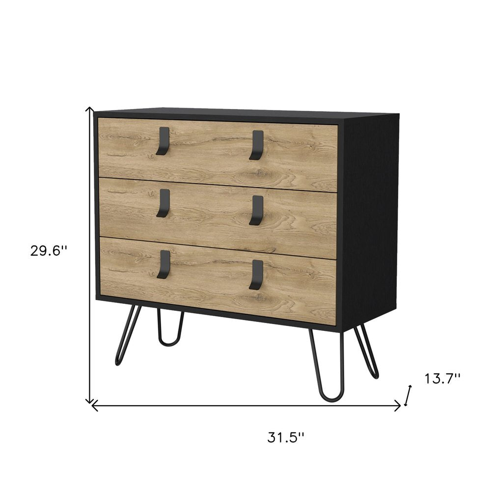 32" Natural And Black Wood Three Drawer Dresser