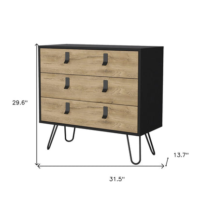 32" Natural And Black Wood Three Drawer Dresser