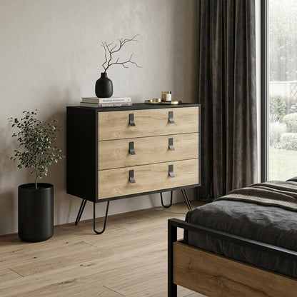32" Natural And Black Wood Three Drawer Dresser