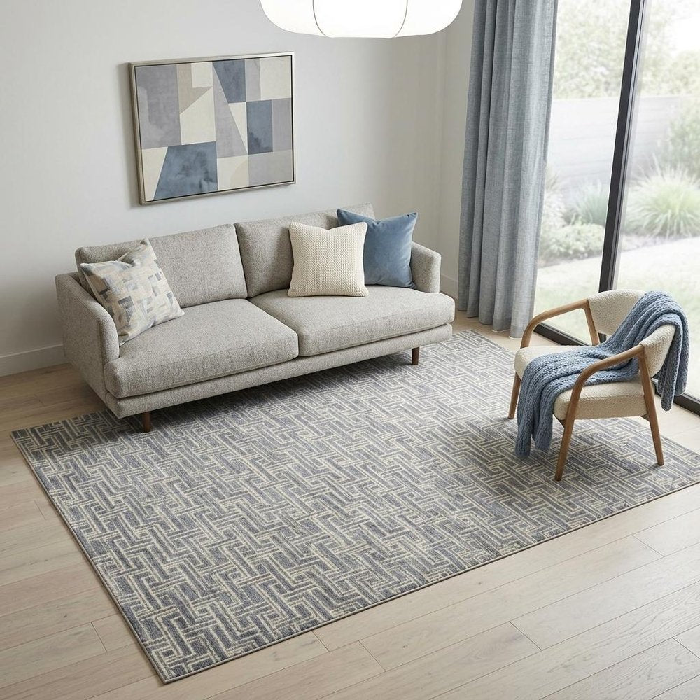 5' X 7' Blue Geometric Distressed Area Rug