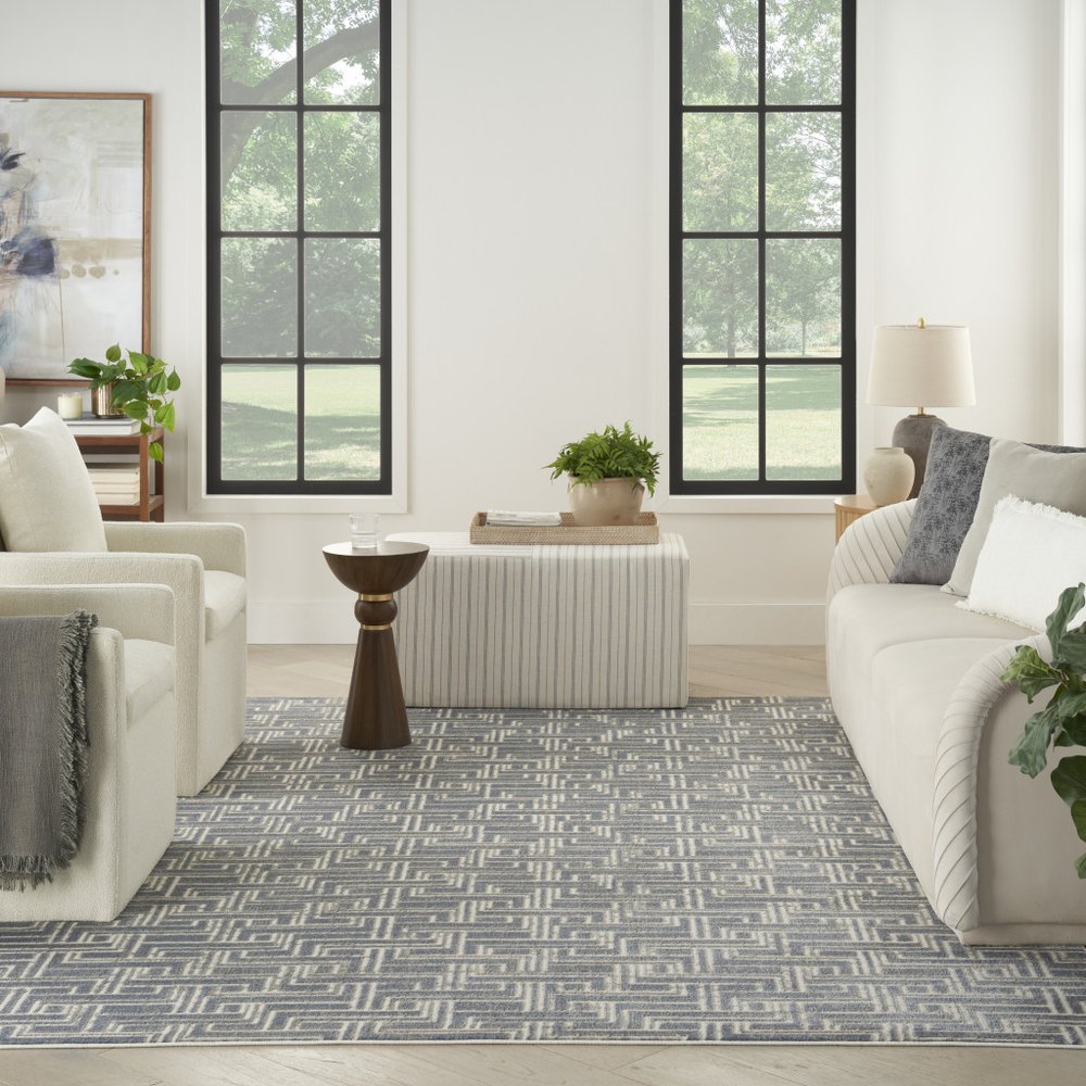 5' X 7' Blue Geometric Distressed Area Rug