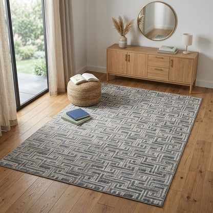 4' X 6' Blue Geometric Distressed Area Rug