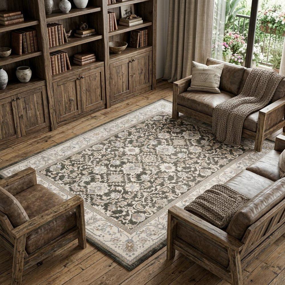 9' X 12' Gray Floral Distressed Area Rug