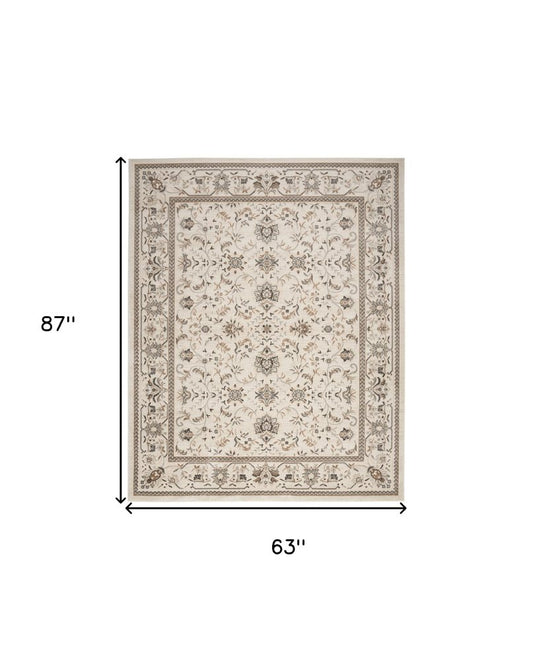 5' X 7' Cream Floral Distressed Area Rug