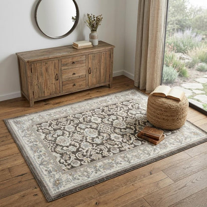 4' X 6' Gray Floral Distressed Area Rug