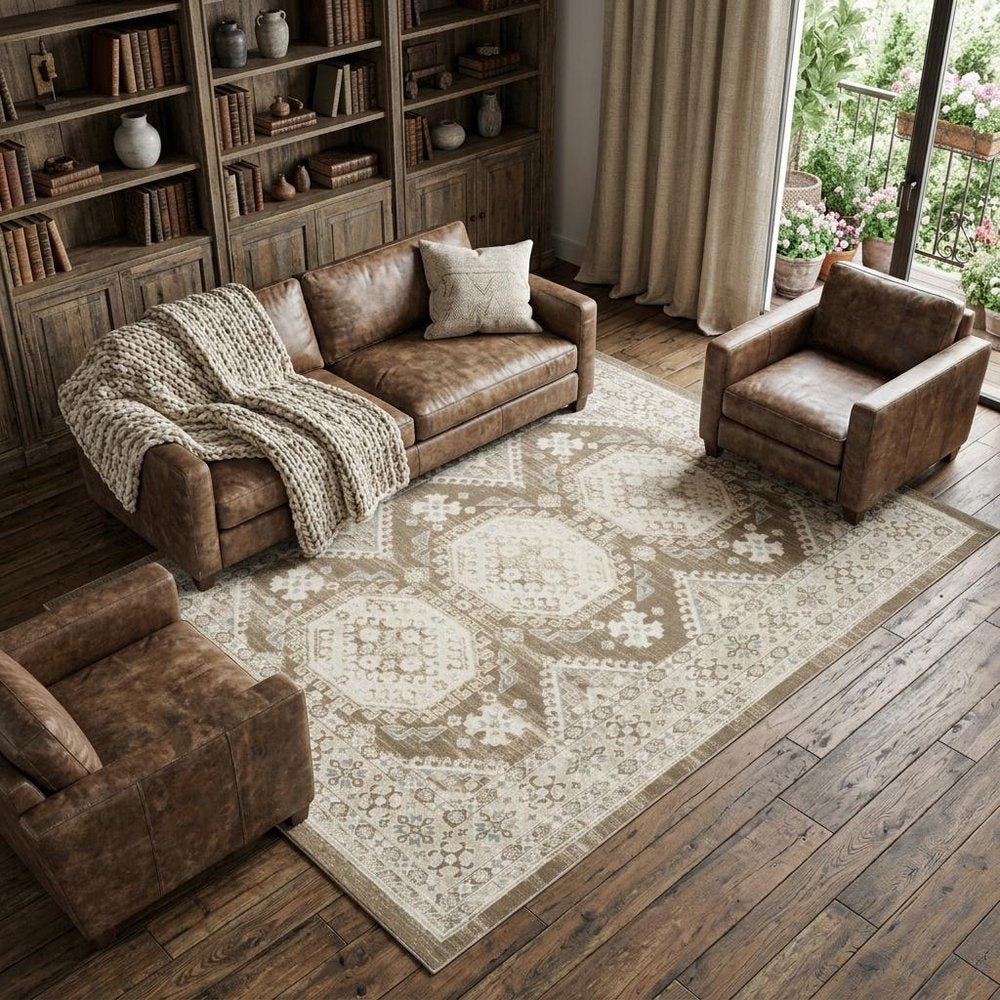 9' X 12' Brown Geometric Distressed Area Rug