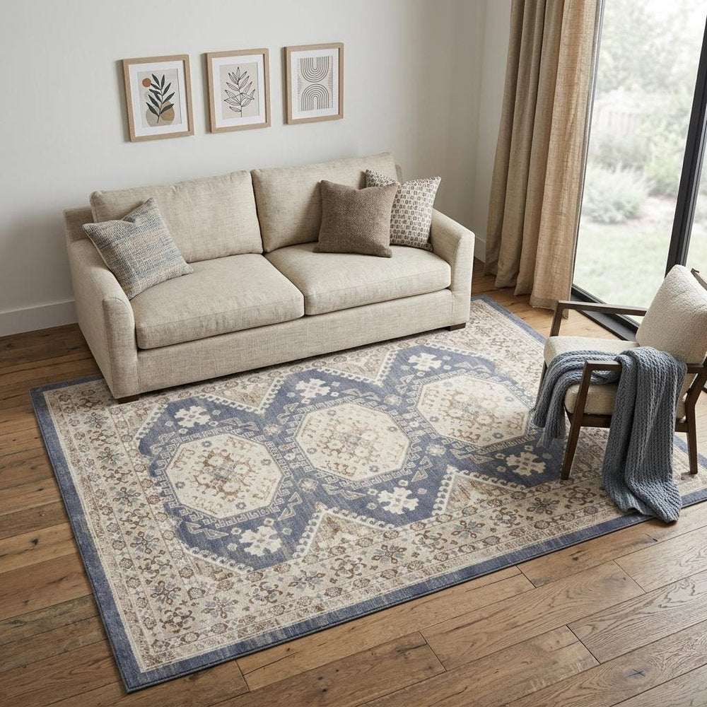 5' X 7' Blue Geometric Distressed Area Rug